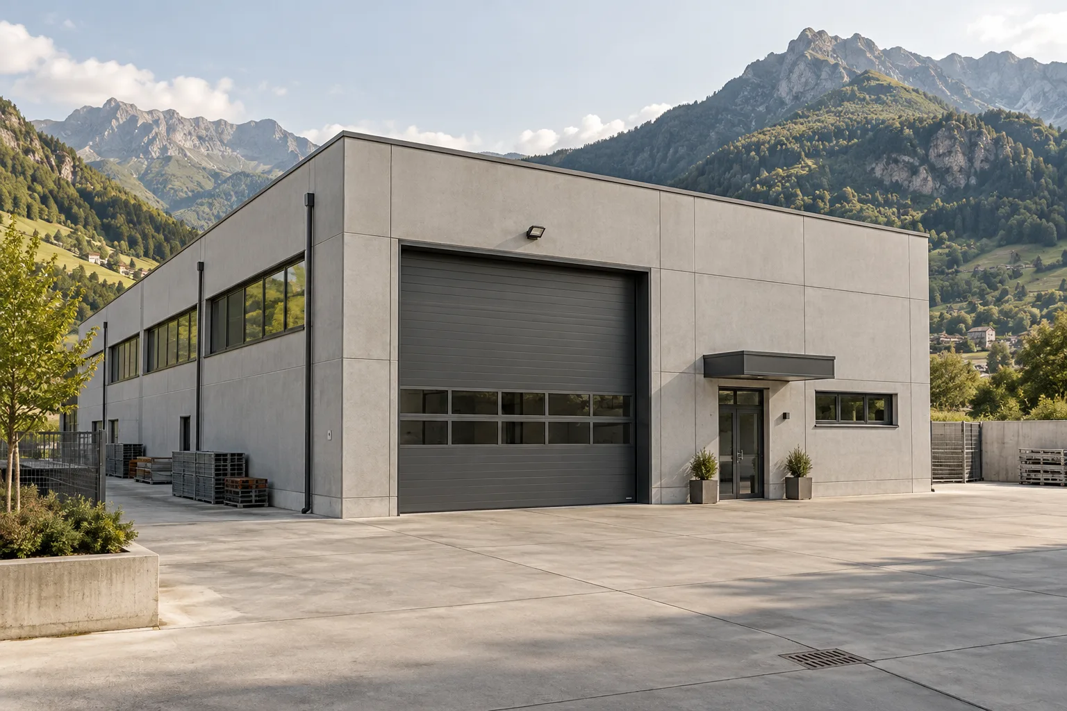 Edificio produttivo in un contesto alpino: immagine illustrativa generata con AI.
