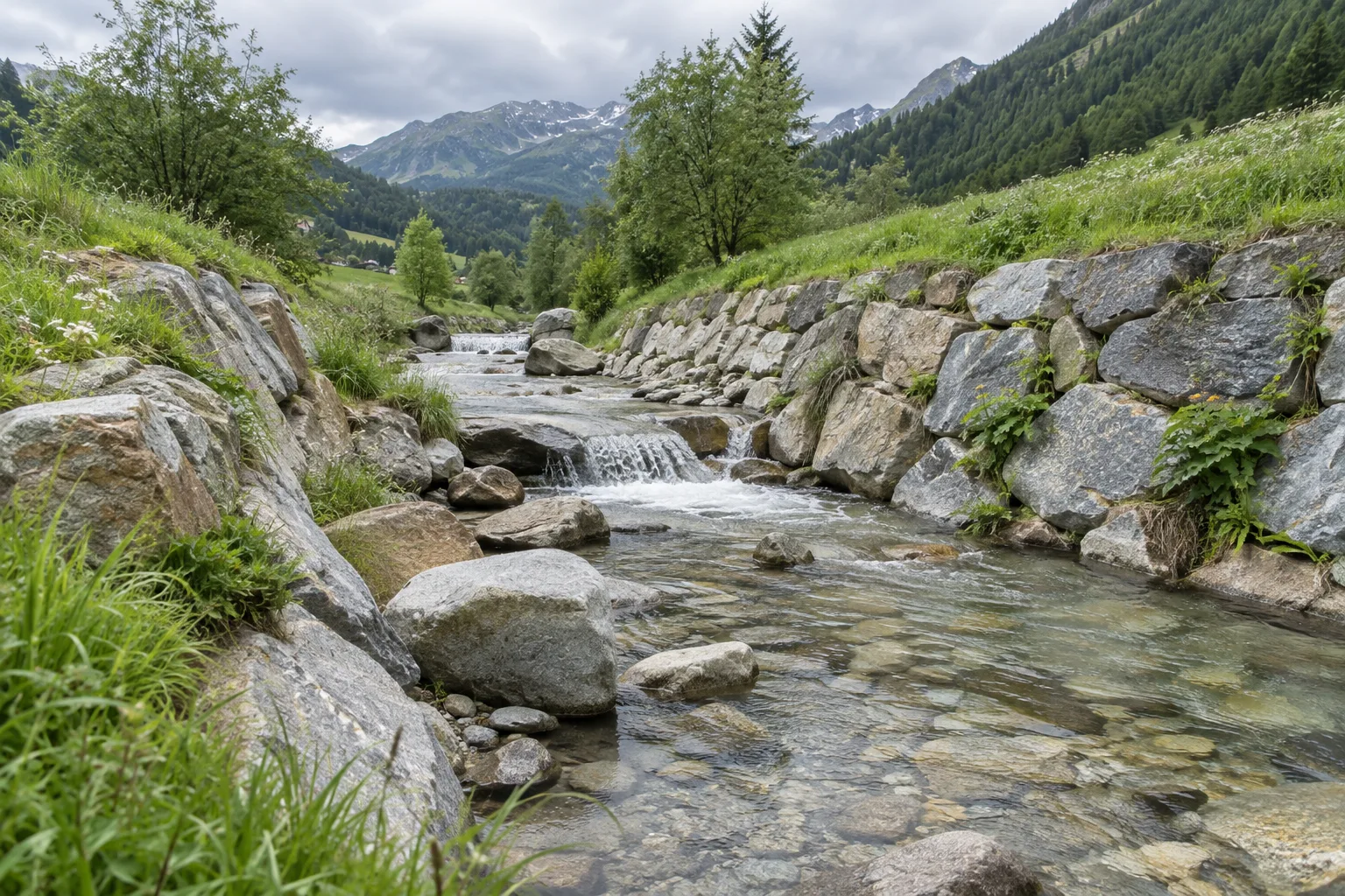 Torrente alpino con sponde in pietra: immagine illustrativa generata con AI.