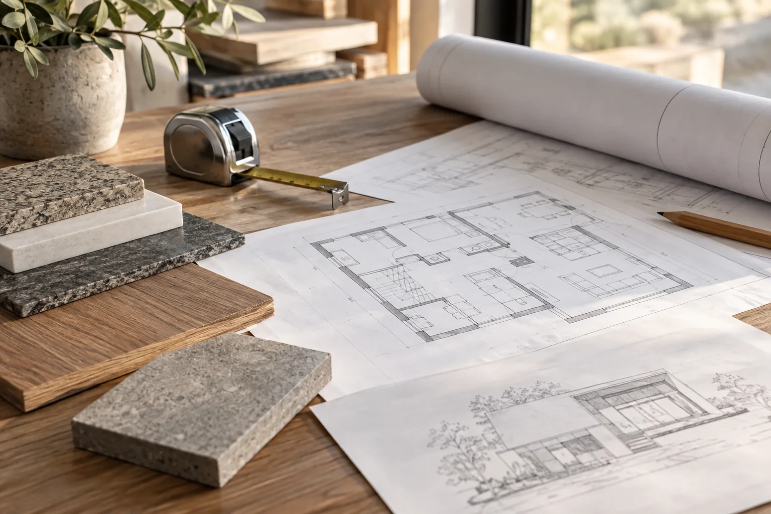 Elaborati, metro e campioni di materiali su un tavolo: immagine illustrativa generata con AI.