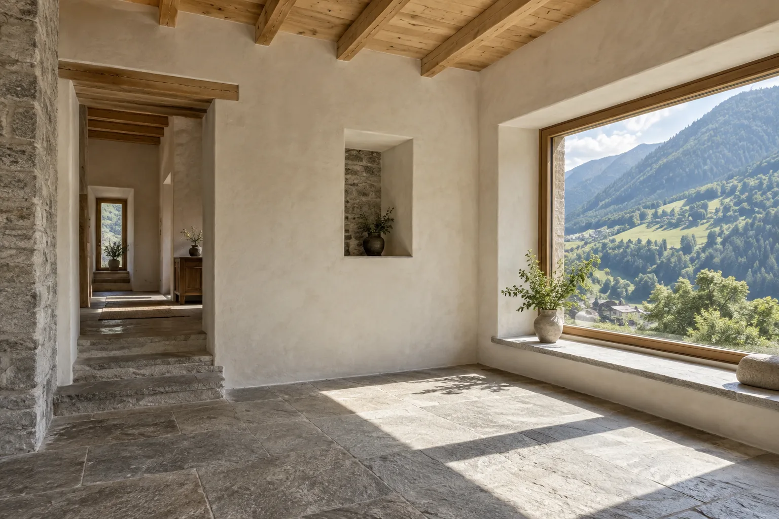 Interno alpino con travi in legno, pietra e intonaco: immagine illustrativa generata con AI.